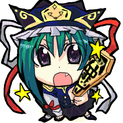 shiki eiki, touhou, lowres, 1girl, black eyes, bow, chibi, fang, female focus, foreshortening, from above, full body, green hair, hat, oekaki, open mouth, ribbon, rod of remorse, shoes, simple background, skirt, socks, solo, star (symbol)
