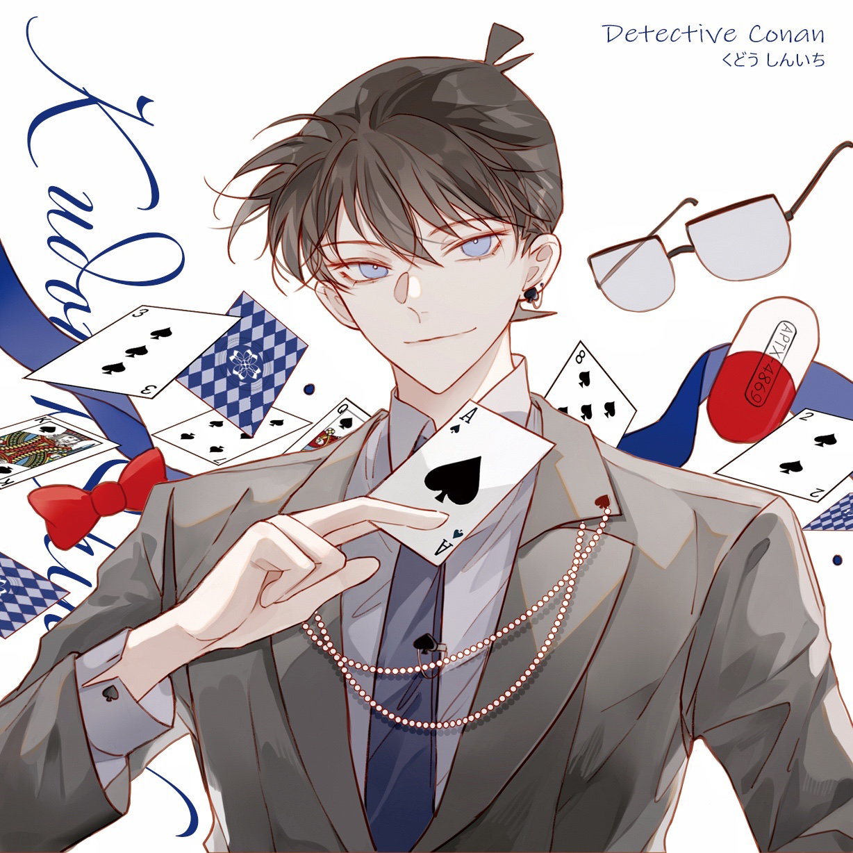 yaclelanca, kudou shin'ichi, meitantei conan, commentary, highres, 1boy, ace (playing card), ace of spades, black hair, blue eyes, blue necktie, bow, bowtie, card, character name, closed mouth, collared shirt, copyright name, earrings, eight of spades, glasses, grey jacket, grey shirt, holding, holding card, jacket, jewelry, king (playing card), king of spades, lapels, looking at viewer, male focus, necktie, pill, playing card, queen (playing card), queen of spades (playing card), red bow, red bowtie, shirt, short hair, solo, spade (shape), spade earrings, three of spades, tie clip, two of spades, unworn bowtie, unworn eyewear, upper body