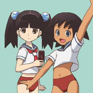 awa, otonashi meru, sekiutsu maria tarou, sayonara zetsubou sensei, lowres, 00s, 2girls, black hair, blue eyes, brown eyes, buruma, cellphone, dark-skinned female, dark skin, fang, jaggy lines, midriff, multiple girls, oekaki, phone, school uniform, serafuku, short hair, twintails, waving