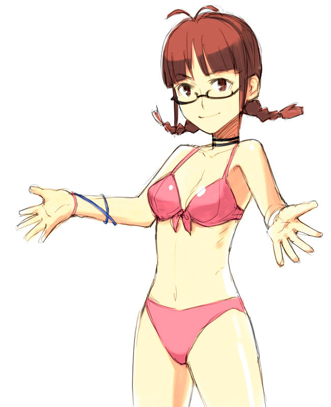 yu 65026, akizuki ritsuko, idolmaster, idolmaster (classic), idolmaster 1, 00s, 1girl, ahoge, bikini, braid, breasts, brown eyes, brown hair, choker, cowboy shot, female focus, glasses, light smile, medium breasts, red bikini, simple background, sketch, smile, solo, swimsuit, twin braids, white background