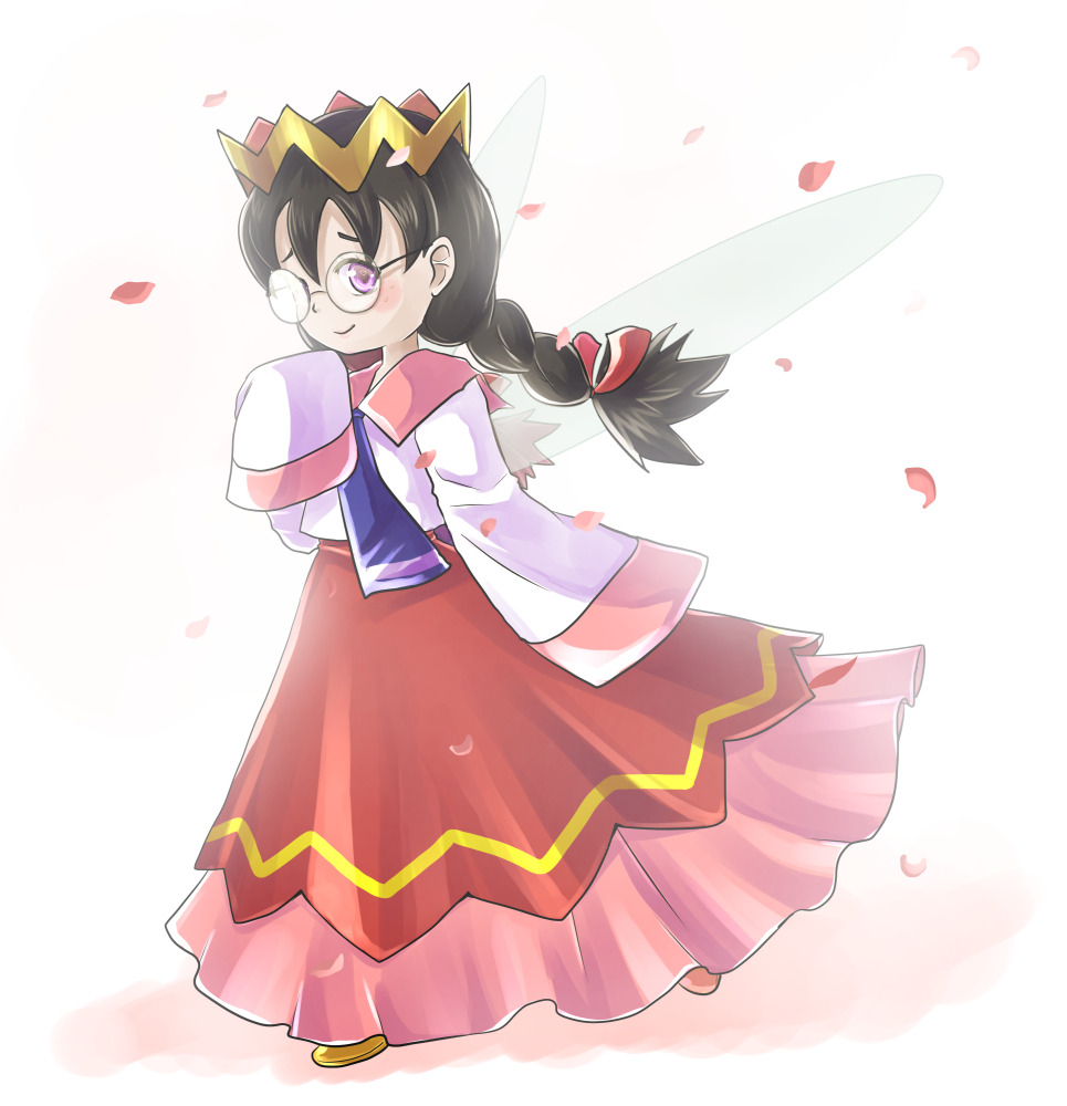 konna-nani, ripple star queen, kirby (series), kirby 64, nintendo, 1girl, black hair, bow, braid, crown, fairy, fairy wings, falling petals, glasses, hair bow, long hair, low twin braids, petals, pink petals, pink skirt, red bow, skirt, sleeves past fingers, sleeves past wrists, twin braids, wings
