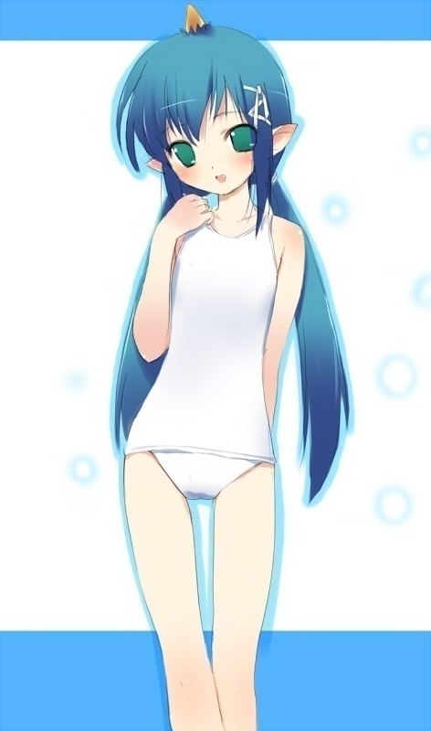 hima, yashahime (momotarou densetsu), momotarou densetsu, 1girl, blue hair, blue oni, blush, cowboy shot, demon girl, female focus, flat chest, green eyes, horns, long hair, looking at viewer, low twintails, one-piece swimsuit, oni, pointy ears, school swimsuit, single horn, smile, solo, standing, swimsuit, thigh gap, thighs, twintails, white one-piece swimsuit, white school swimsuit