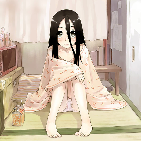 komori kiri, sayonara zetsubou sensei, 00s, 1girl, barefoot, black hair, blanket, blush, female focus, juice box, kokeshi, long hair, pale skin, panties, pantyshot, sitting, solo, tatami, underwear