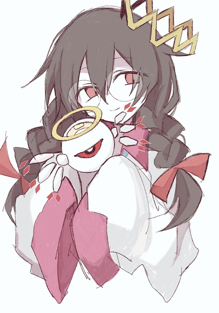 nan (meguro39), ripple star queen, zero two (kirby), kirby (series), kirby 64, nintendo, 1girl, black hair, bow, braid, crown, glasses, hair bow, halo, long hair, low twin braids, one-eyed, red bow, red eyes, simple background, sleeves past fingers, sleeves past wrists, smile, twin braids, white background, wide sleeves