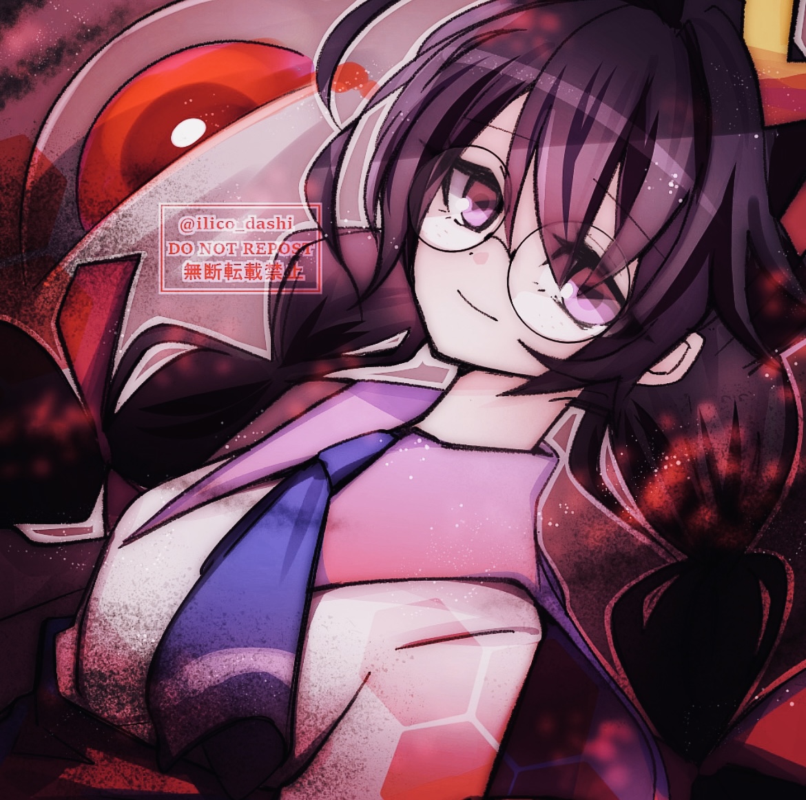 wandot (ilicololo), ripple star queen, zero two (kirby), kirby (series), kirby 64, nintendo, 1girl, black hair, braid, crown, glasses, hair between eyes, long hair, looking at viewer, low twin braids, one-eyed, purple eyes, red eyes, smile, twin braids