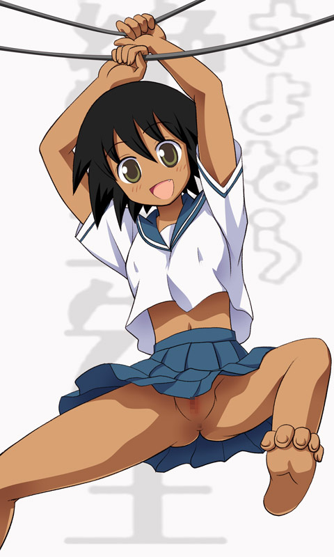 sekiutsu maria tarou, sayonara zetsubou sensei, 00s, 1girl, bad anatomy, bad feet, barefoot, black hair, censored, dark-skinned female, dark skin, fang, feet, female focus, hanging, midriff, no panties, poorly drawn, pussy, school uniform, serafuku, short hair, solo, yellow eyes