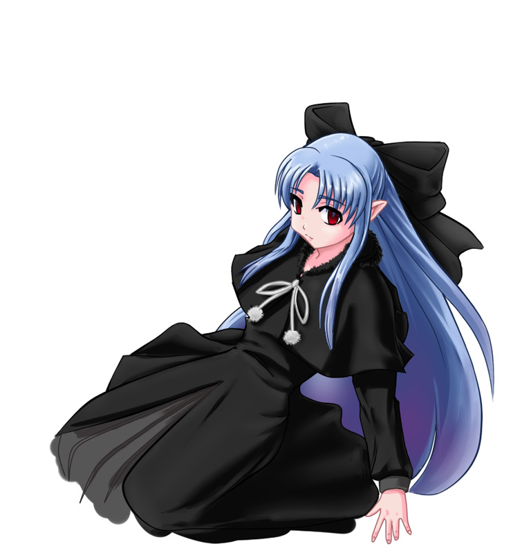 rickert kai, len (tsukihime), melty blood, tsukihime, type-moon, 00s, 1girl, blue hair, female focus, half updo, pointy ears, red eyes, solo