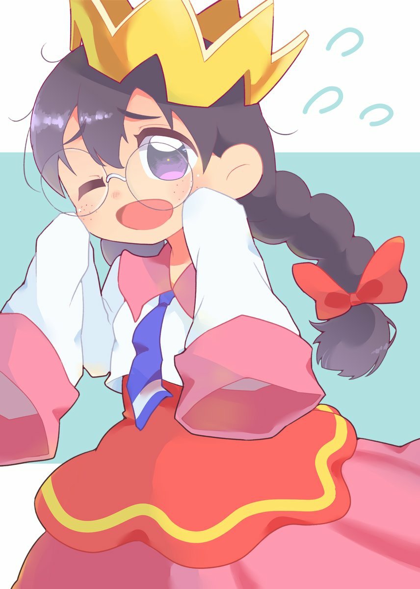 kiguchi1902, ripple star queen, kirby (series), kirby 64, nintendo, highres, 1girl, black hair, bow, braid, crown, flying sweatdrops, freckles, glasses, hair bow, long hair, low twin braids, necktie, one eye closed, open mouth, pink skirt, red bow, skirt, sleeves past fingers, sleeves past wrists, twin braids