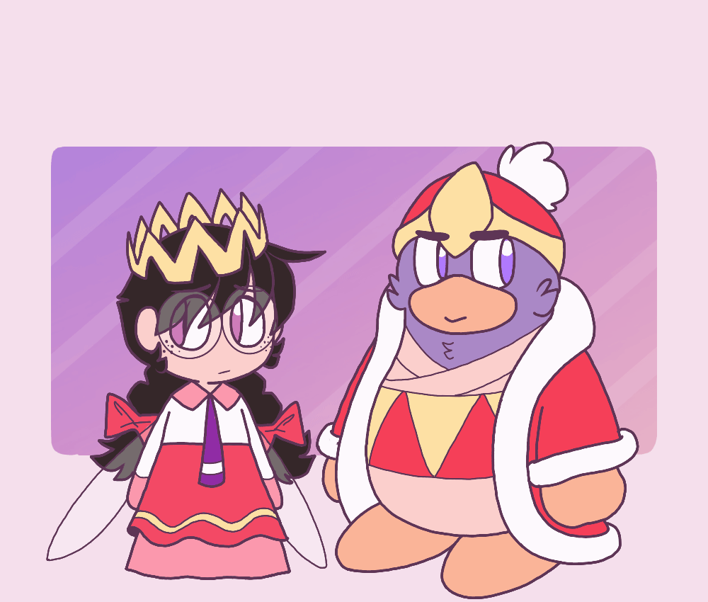 goldie-salmonn, king dedede, ripple star queen, kirby (series), kirby 64, nintendo, animated, animated gif, bad id, bad tumblr id, 1boy, 1girl, black hair, blush, bow, coat, crown, fairy, fairy wings, freckles, glasses, hair bow, hat, heart, holding hands, long hair, purple eyes, red bow, red coat, sleeves past fingers, sleeves past wrists, wings