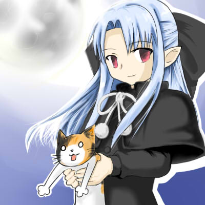 len (tsukihime), melty blood, tsukihime, type-moon, lowres, 00s, 1girl, blue hair, cat, female focus, half updo, pointy ears, red eyes, solo