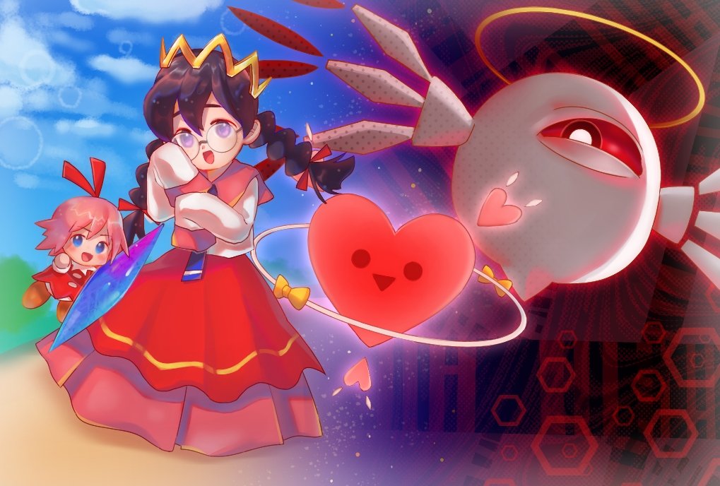 ribbon (kirby), ripple star queen, zero two (kirby), kirby (series), kirby 64, nintendo, 2girls, black hair, blue eyes, blue sky, braid, cloud, crown, crystal, halo, heart, long hair, low twin braids, multiple girls, one-eyed, open mouth, purple eyes, red eyes, ripple star, skirt, sky, sleeves past fingers, sleeves past wrists, smile, twin braids, visionfine
