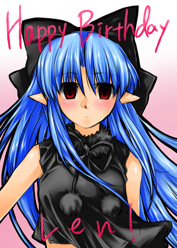 len (tsukihime), melty blood, tsukihime, type-moon, 00s, blue hair, blush, hair ribbon, long hair, pointy ears, red eyes, ribbon, solo