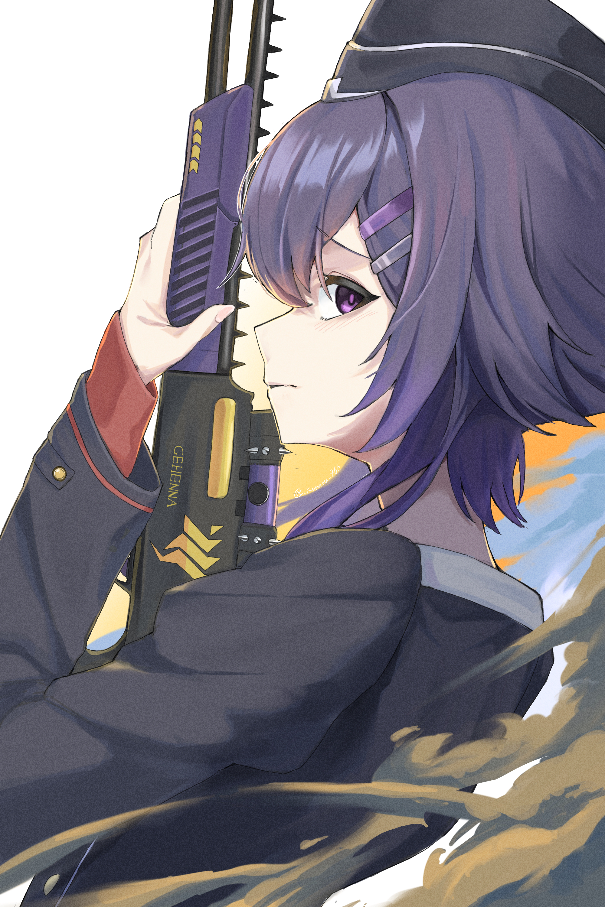 966 kururu 966, haruka (blue archive), blue archive, absurdres, commentary request, highres, 1girl, black hat, black jacket, closed mouth, from side, frown, furrowed brow, garrison cap, gun, hair ornament, hairclip, hand up, hat, holding, holding gun, holding weapon, jacket, juliet sleeves, light blush, long sleeves, looking at viewer, parallel hairclips, profile, puffy sleeves, purple eyes, purple hair, purple pupils, short hair with long locks, sideways glance, simple background, smoke, solo, upper body, weapon, white background