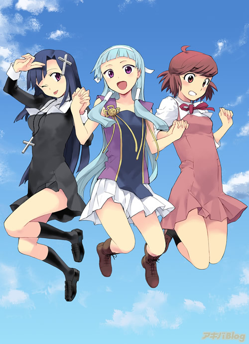 aoba tsugumi, nagi, zange, kannagi, official art, 00s, 3girls, day, hair tubes, jumping, multiple girls, pleated skirt, siblings, sisters, skirt, sky, white skirt