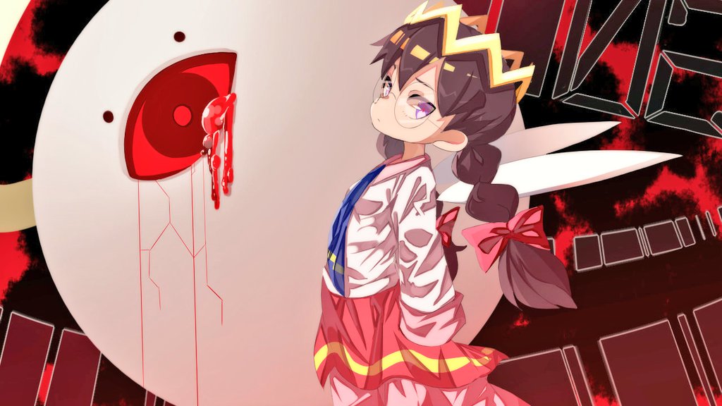 marirui, ripple star queen, zero two (kirby), kirby (series), kirby 64, nintendo, 1girl, black hair, bleeding, blood, bow, crown, fairy, fairy wings, glasses, hair bow, halo, long hair, looking at viewer, purple eyes, red bow, red eyes, sleeves past fingers, sleeves past wrists, wings