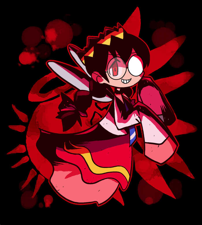 rariatto (ganguri), ripple star queen, zero two (kirby), kirby (series), kirby 64, nintendo, 1girl, black background, black hair, bow, braid, crown, fairy, fairy wings, glasses, hair bow, long hair, low twin braids, possessed, red bow, red eyes, simple background, smirk, twin braids, wings