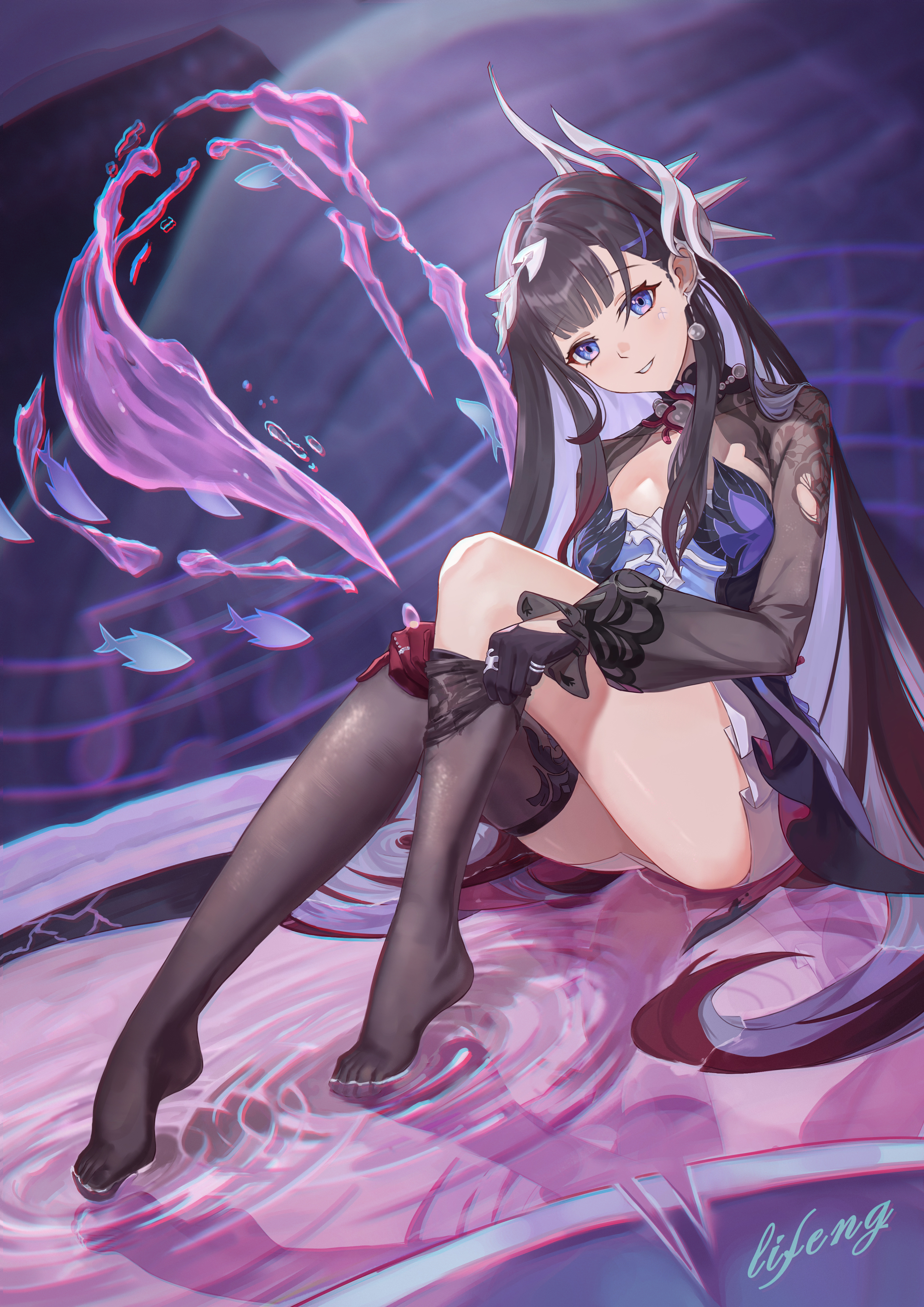 li feng (user hvnc4748), hysilens (honkai: star rail), honkai: star rail, honkai (series), absurdres, highres, 1girl, asymmetrical gloves, beads, black shrug, black thighhighs, blush, colored inner hair, dress, earclip, earrings, fish, frilled dress, frills, gloves, gradient clothes, gradient dress, grin, head ornament, in water, jewelry, long hair, long sleeves, looking at viewer, mismatched gloves, multicolored eyes, multicolored hair, no shoes, pearl earrings, red gloves, reflection, reflective water, see-through body, shrug (clothing), sitting, smile, solo, thighhighs, undressing, very long hair