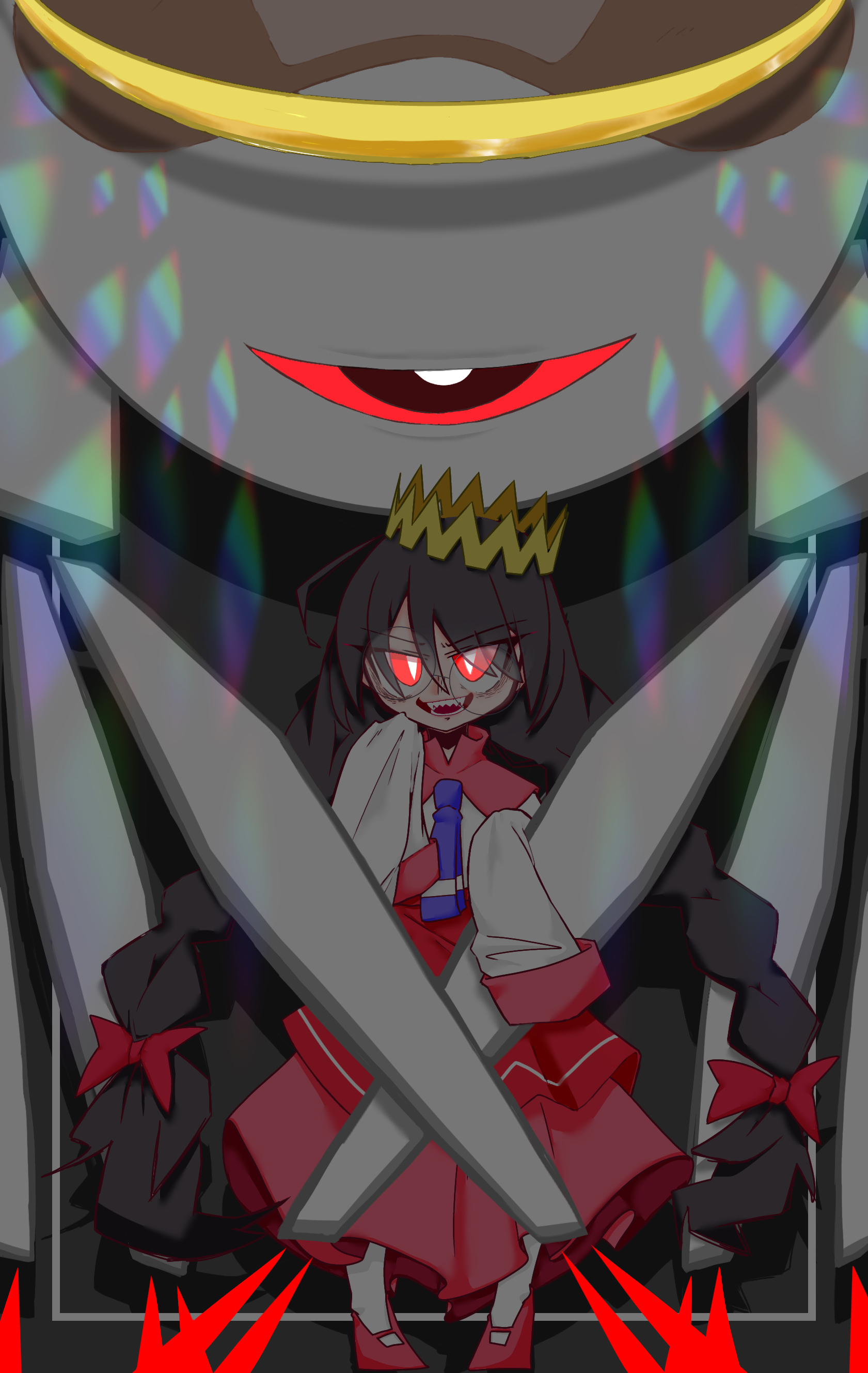 kotori (kotori 501061), ripple star queen, zero two (kirby), kirby (series), kirby 64, nintendo, absurdres, highres, 1girl, black hair, bow, braid, crown, evil smile, glasses, hair bow, halo, long hair, looking at viewer, low twin braids, pink skirt, possessed, red bow, red eyes, sharp teeth, skirt, smile, teeth, twin braids, very long hair