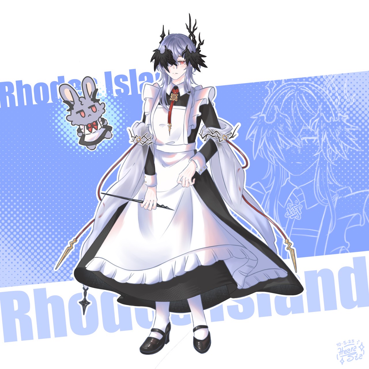 diat-hearasia, logos (arknights), arknights, commentary, english commentary, highres, 1boy, alternate costume, apron, artist name, black dress, blush, character doll, choshanland plushy (arknights), closed mouth, crossdressing, crossdressing (mtf), dated, demon boy, doll, dress, full body, grey hair, hair between eyes, head wings, holding, holding pen, horns, looking at viewer, maid, maid apron, medium hair, pen, pointy ears, red eyes, solo, white apron, wings