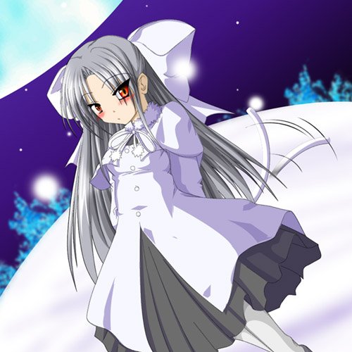white len (tsukihime), melty blood, tsukihime, type-moon, lowres, 00s, 1girl, albino, blush, female focus, full moon, half updo, moon, pantyhose, pointy ears, red eyes, snow, solo, tail, white hair