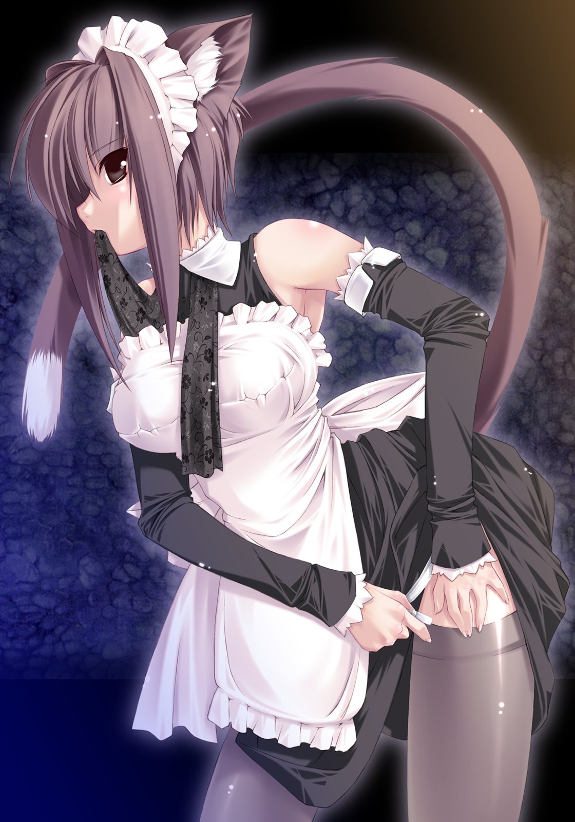 jian, highres, animal ears, apron, biting, brown eyes, brown hair, cat ears, cat tail, clothes lift, cowboy shot, dressing, hairband, headband, maid, maid apron, mouth hold, skirt, skirt lift, solo, tail, thighhighs