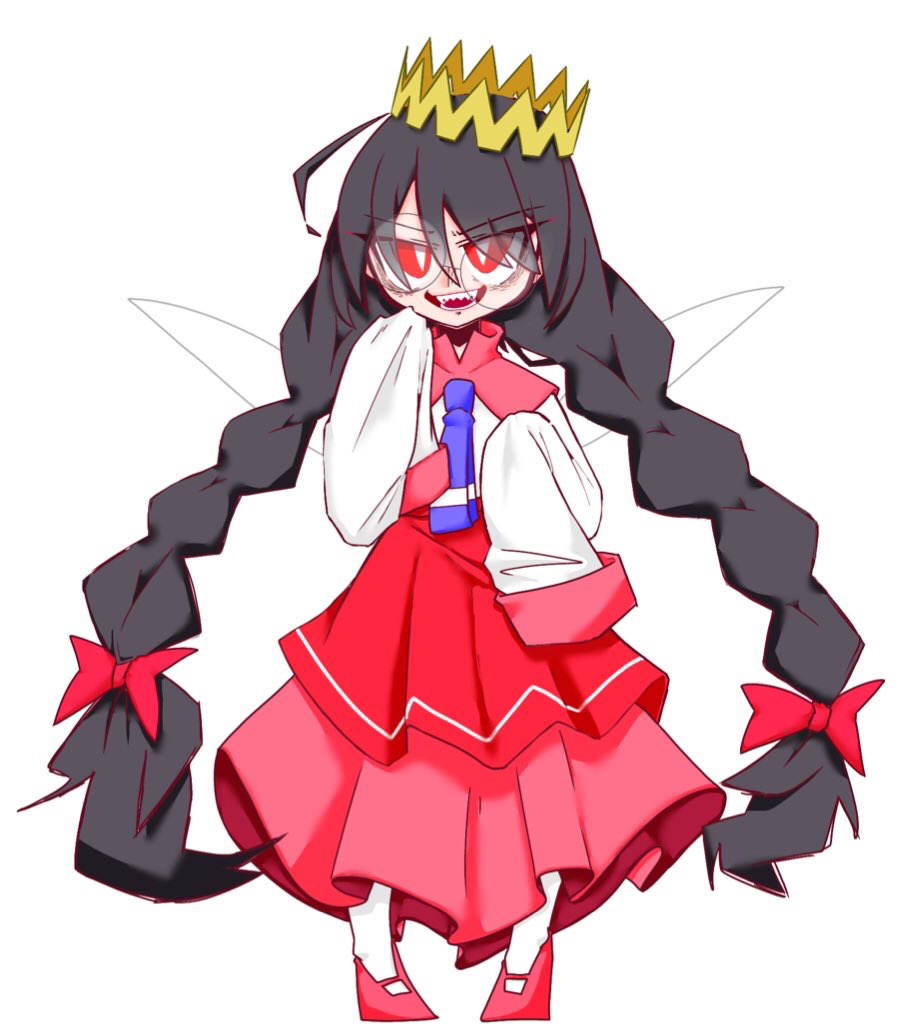 kotori (kotori 501061), ripple star queen, kirby (series), kirby 64, nintendo, 1girl, black hair, bow, crown, evil smile, fairy, fairy wings, hair bow, long hair, pink shoes, pink skirt, possessed, red bow, red eyes, sharp teeth, shoes, simple background, skirt, sleeves past fingers, sleeves past wrists, smile, teeth, white background, wings