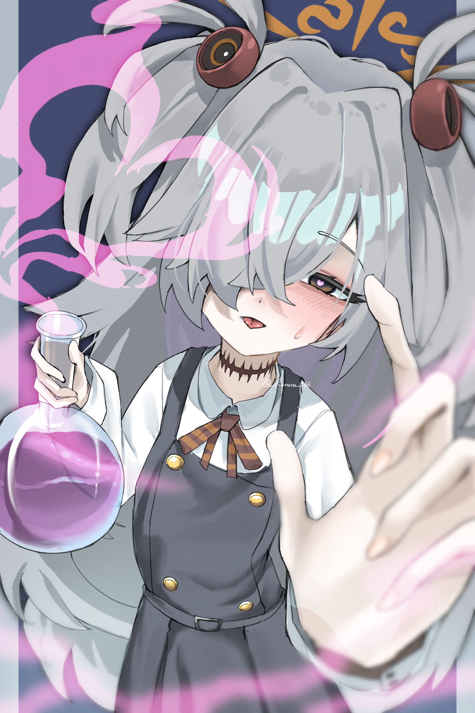 966 kururu 966, kanoe (blue archive), blue archive, absurdres, commentary request, highres, 1girl, black dress, blue background, blurry, blush, brown eyes, brown ribbon, buttons, cowboy shot, crossed bangs, depth of field, double-breasted, dress, fingernails, flask, grey hair, hair over one eye, halo, heart, heart-shaped pupils, holding, holding flask, long bangs, long hair, long sleeves, looking at viewer, lovestruck, neck ribbon, one eye covered, orange halo, pinafore dress, reaching, reaching towards viewer, ribbon, round-bottom flask, scar, scar on neck, school uniform, shirt, simple background, sleeveless, sleeveless dress, solo, spiked hair, sweatdrop, symbol-shaped pupils, tongue, tongue out, tsurime, twitter username, two side up, very long hair, white shirt