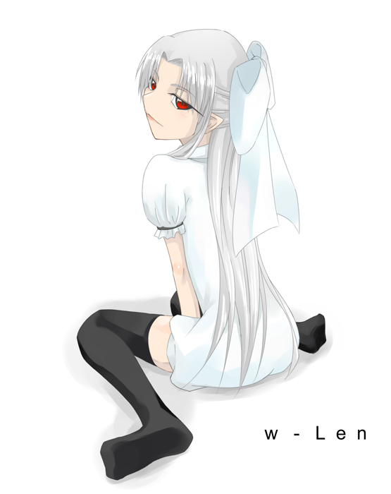white len (tsukihime), melty blood, tsukihime, type-moon, 00s, albino, pointy ears, red eyes, solo, thighhighs, white hair