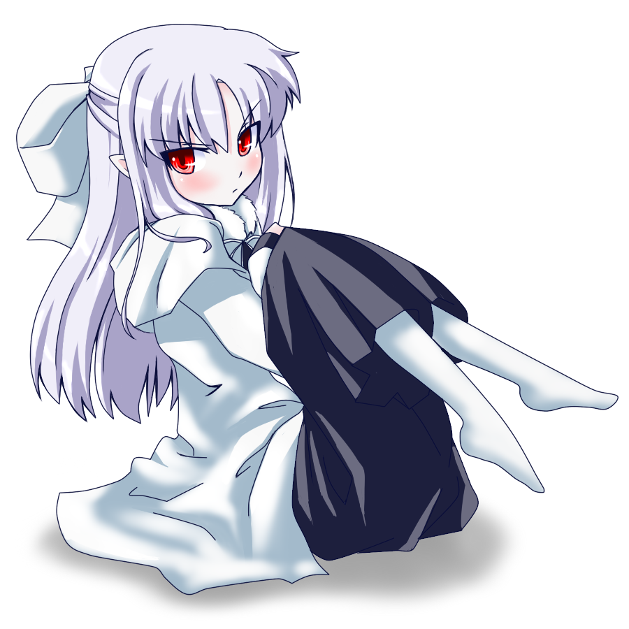 grune, white len (tsukihime), melty blood, tsukihime, type-moon, bad id, bad pixiv id, 00s, 1girl, albino, blush, female focus, half updo, pantyhose, pointy ears, red eyes, simple background, solo, white hair