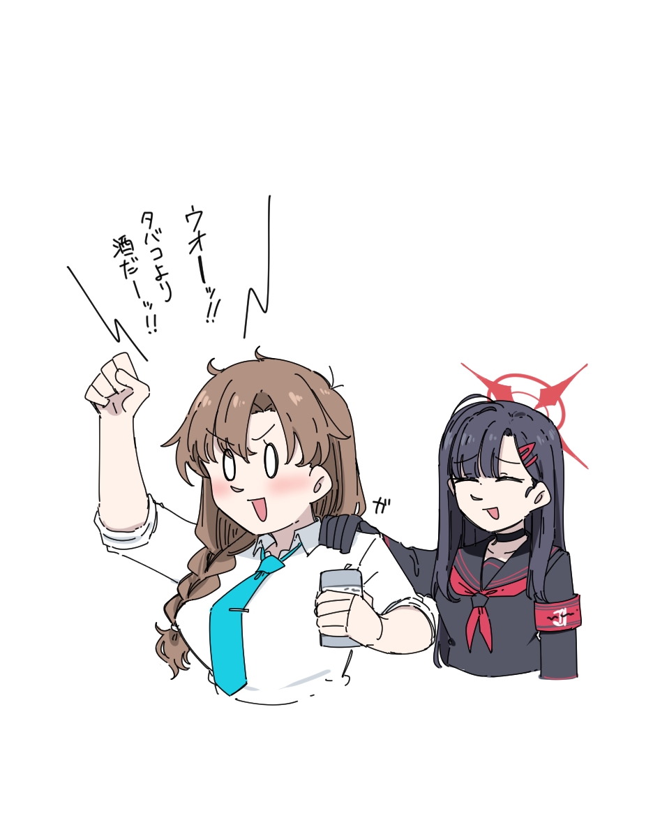 mikazukimo 478, female sensei (blue archive), ichika (blue archive), sensei (blue archive), blue archive, highres, translation request, 2girls, black choker, black gloves, black hair, black serafuku, blush, braid, brown hair, choker, closed eyes, female sensei (blue archive) (mikazukimo 478), gloves, hair ornament, hairclip, halo, long hair, long sleeves, multiple girls, necktie, school uniform, serafuku, simple background, single braid, white background