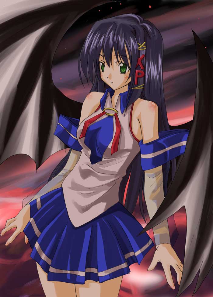 kabocha, kabocha (monkey4), xp-tan, os-tan, 1girl, blue hair, blue skirt, detached sleeves, female focus, green eyes, skirt, solo, wings