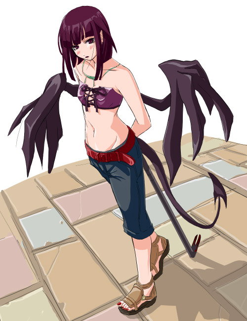 1girl, bandeau, crowbar, demon girl, female focus, holding, holding crowbar, midriff, nail polish, purple hair, red eyes, red nails, sandals, solo, strapless, tail, tube top, weapon, wings