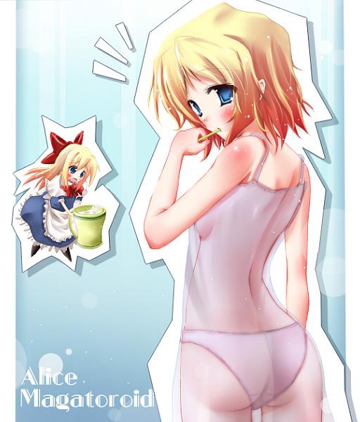 scarlet (studioscr), alice margatroid, shanghai doll, touhou, 1girl, ass, back, blonde hair, blue eyes, blush, breasts, brushing teeth, camisole, character name, chemise, female focus, from behind, lingerie, looking back, negligee, panties, see-through clothes, sideboob, small breasts, solo, toothbrush, underwear, underwear only