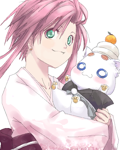 aria pokoteng, mizunashi akari, aria (manga), lowres, 00s, 1girl, alternate costume, female focus, japanese clothes, kagami mochi, kimono, new year, pink hair, short hair with long locks, solo, twintails, yukata