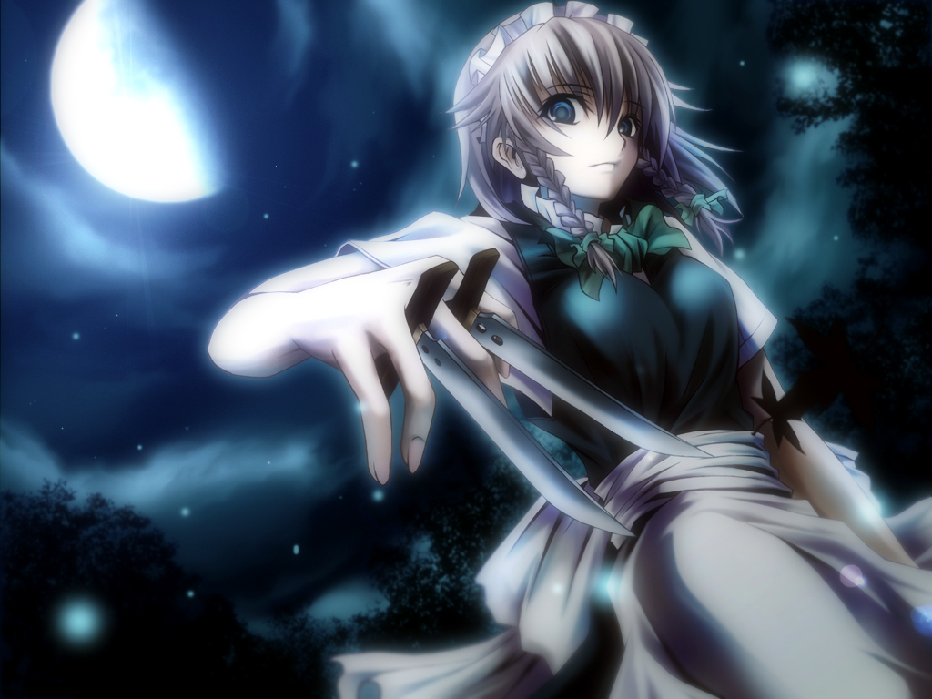 izayoi sakuya, touhou, duplicate, 1girl, between fingers, braid, empty eyes, female focus, holding, knife, maid, moon, night, night sky, short twintails, sky, solo, throwing knife, twin braids, twintails, weapon