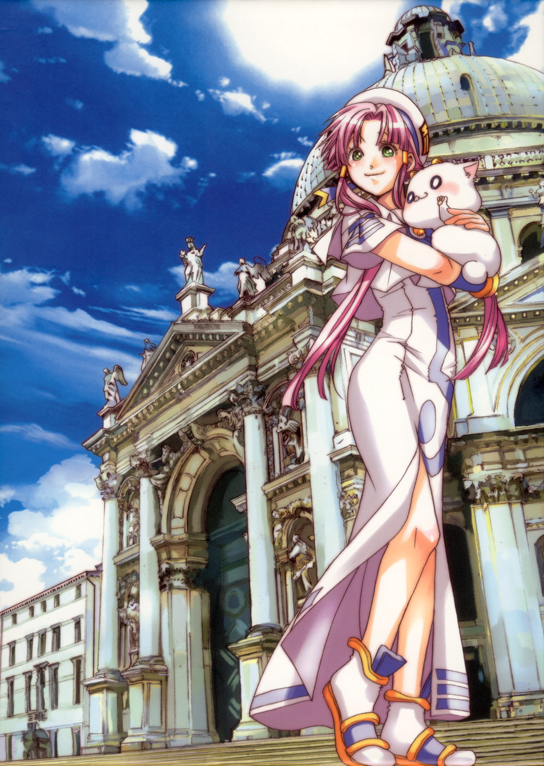 amano kozue, aria pokoteng, mizunashi akari, aria (manga), highres, 00s, 1girl, blouse, carrying, female focus, green eyes, hat, pink hair, shirt, short hair with long locks, sidelocks, solo, twintails, venice, white shirt