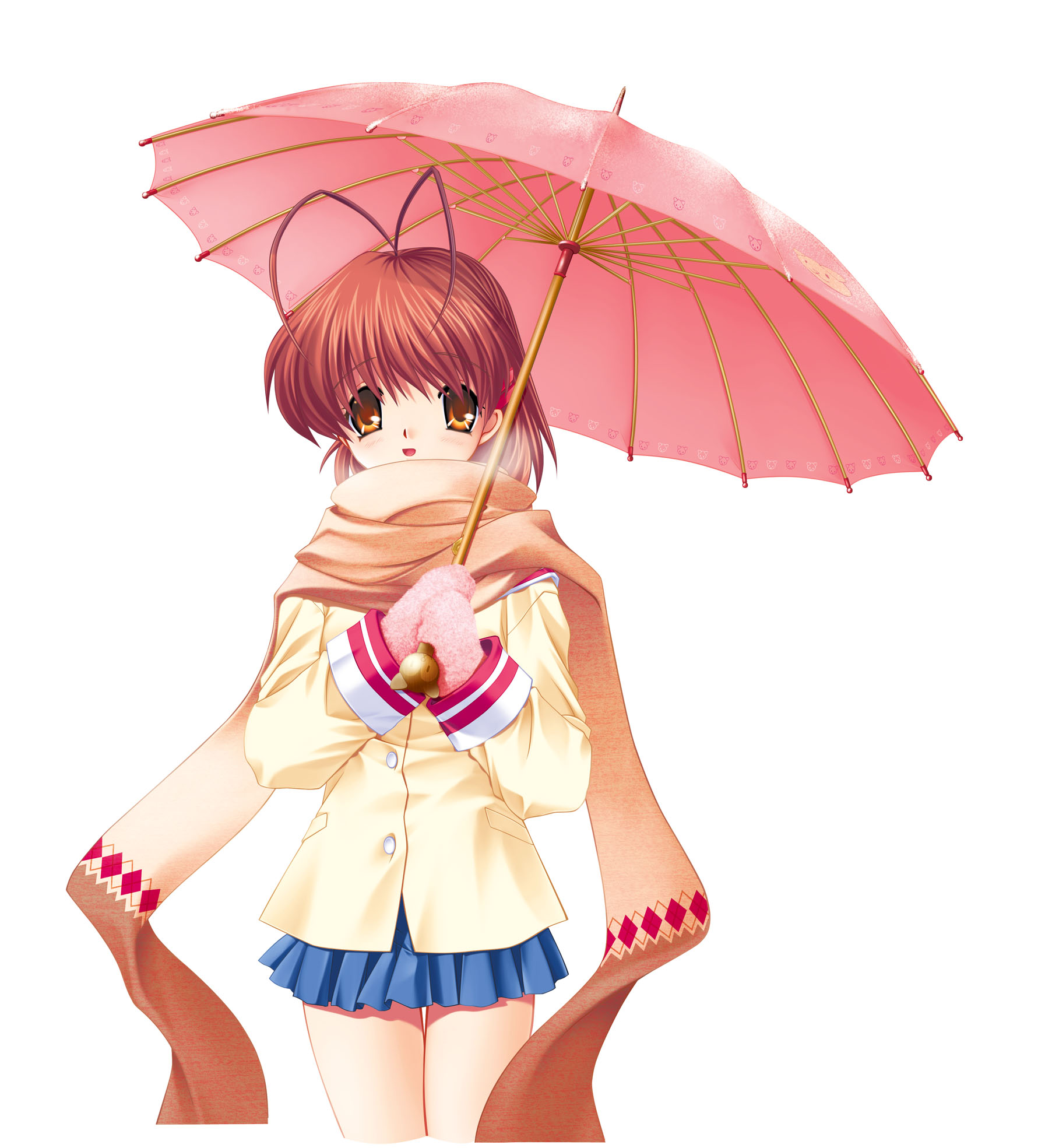 furukawa nagisa, clannad, highres, 00s, antenna hair, blouse, mittens, pink mittens, scarf, school uniform, serafuku, shirt, solo, umbrella, yellow shirt