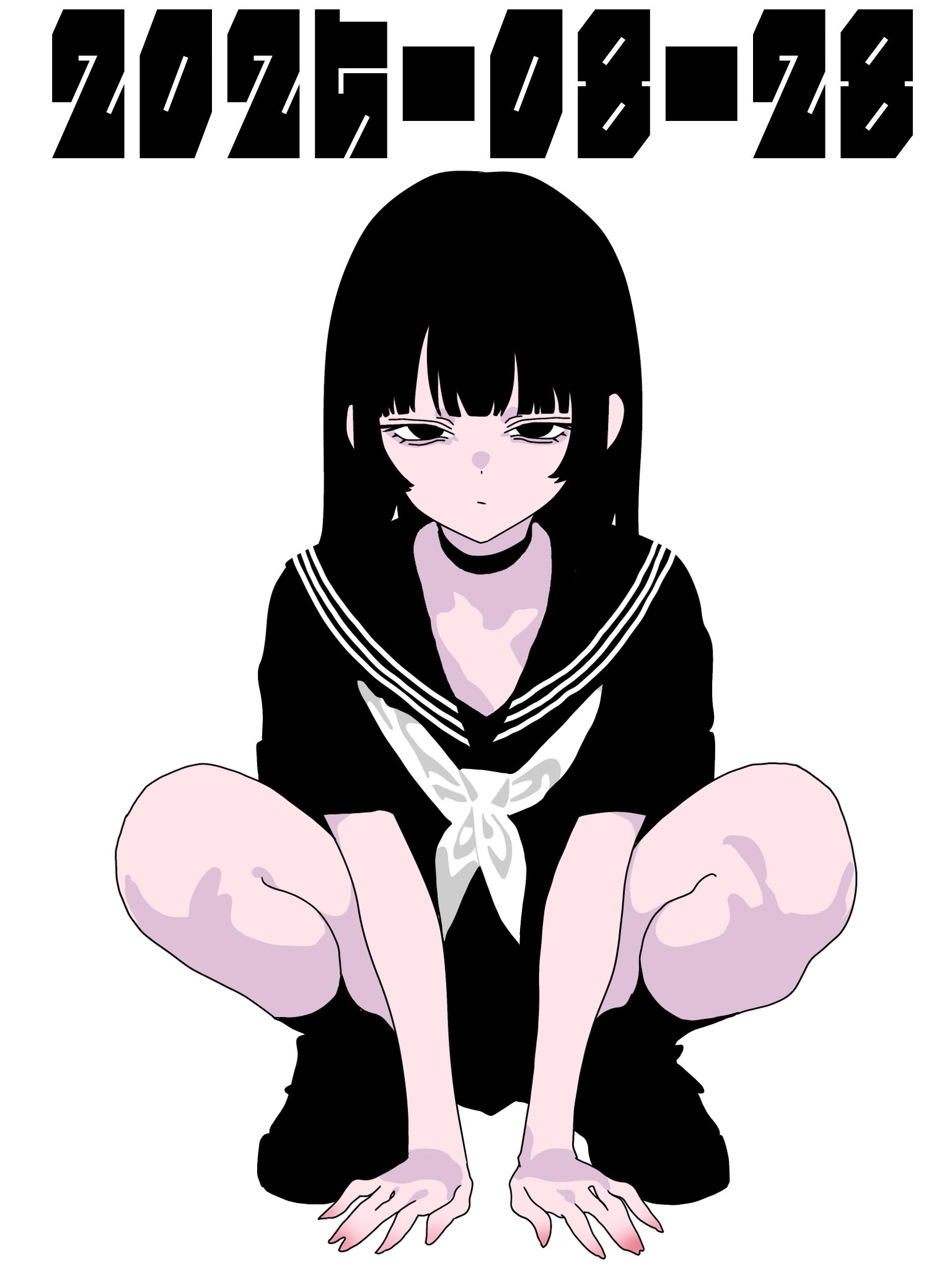 minminmince, original, highres, 1girl, arms between legs, black choker, black hair, black serafuku, black shoes, black skirt, black socks, choker, closed mouth, dated, dot nose, flat color, full body, half-closed eyes, hands on ground, kneehighs, long finger, looking at viewer, neckerchief, ribbon, school uniform, serafuku, shoes, short sleeves, simple background, skirt, socks, solo, squatting, straight hair, white background, white neckerchief, white ribbon
