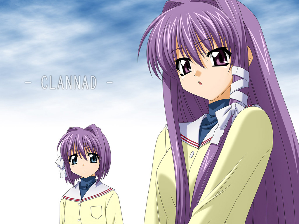 sugimura tomokazu, fujibayashi kyou, fujibayashi ryou, clannad, 00s, 2girls, multiple girls, purple hair, school uniform, serafuku, siblings, sisters, twins