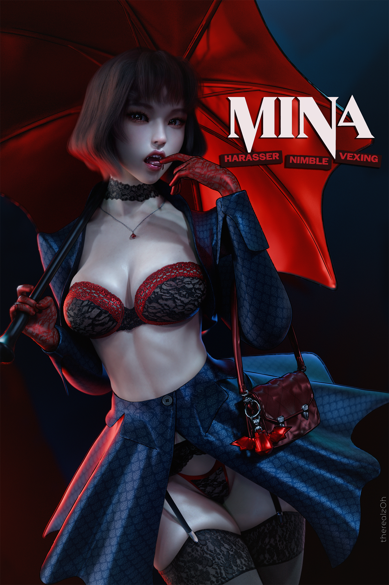 zoh, commentary, english commentary, highres, bag, bra, breasts, brown eyes, brown hair, character name, choker, cleavage, deadlock (game), english text, fangs, frilled choker, frills, garter straps, gloves, handbag, holding, holding umbrella, jewelry, mina (deadlock), necklace, panties, red gloves, red umbrella, simple background, umbrella, underwear, vampire