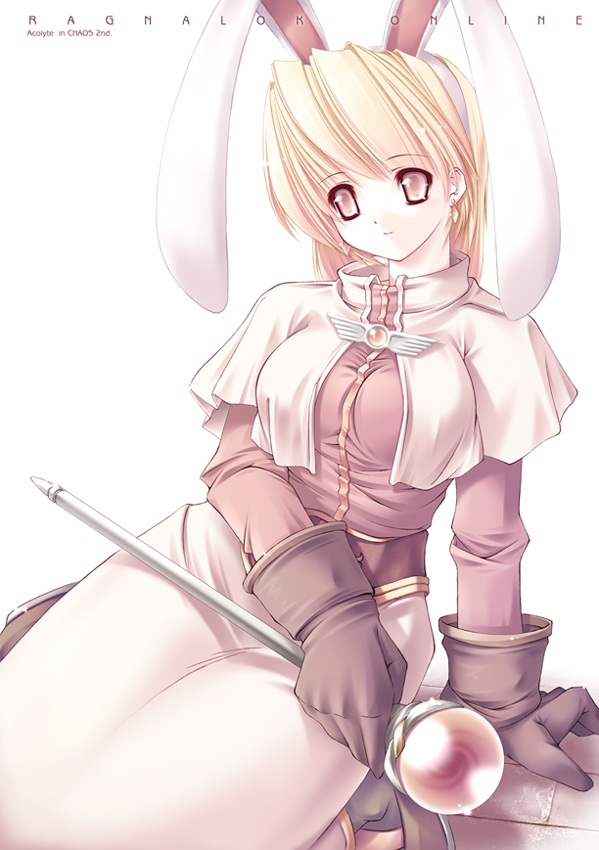 jian, acolyte (ragnarok online), ragnarok online, 1girl, animal ears, blonde hair, fake animal ears, female focus, rabbit ears, rod, solo
