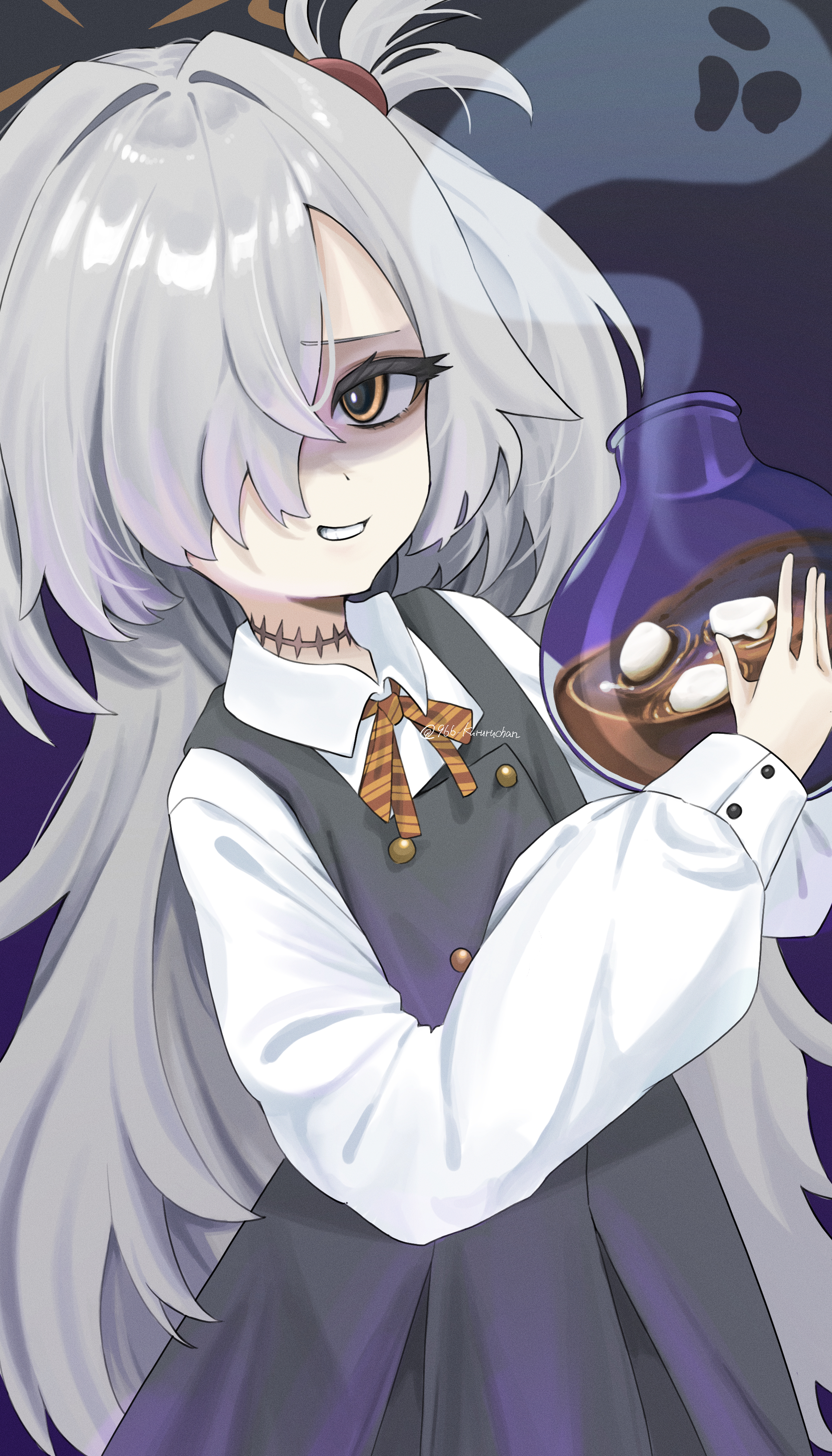 966 kururu 966, kanoe (blue archive), blue archive, absurdres, commentary request, highres, 1girl, black dress, brown eyes, brown ribbon, buttons, collared shirt, cowboy shot, double-breasted, dress, eyelashes, film grain, flask, furrowed brow, ghost, grey hair, grin, hair intakes, hair over one eye, hands up, holding, holding flask, long bangs, long hair, long sleeves, looking at viewer, neck ribbon, one eye covered, pinafore dress, puffy long sleeves, puffy sleeves, ribbon, round-bottom flask, scar, scar on neck, school uniform, shaded face, shirt, sleeveless, sleeveless dress, smile, smoke, solo, tsurime, twitter username, two side up, very long hair, white shirt