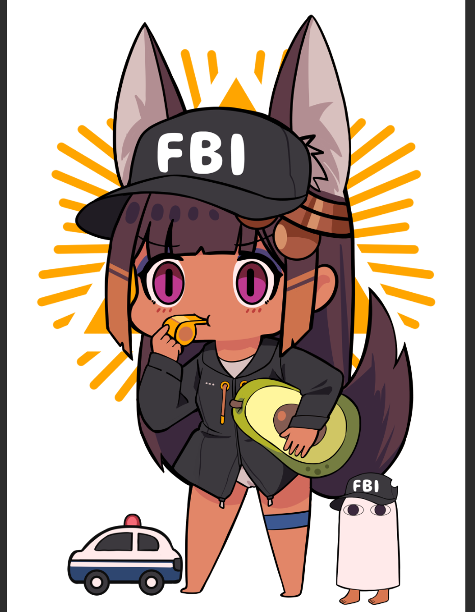 surio, anubis (surio), medjed (surio), fbi, original, highres, 1girl, animal ear fluff, animal ears, black jacket, car, chibi, chibi only, dark-skinned female, dark skin, hat, holding, holding whistle, jacket, long hair, long sleeves, motor vehicle, multicolored hair, police car, purple eyes, simple background, solo, standing, tail, virtual youtuber, whistle, whistling, white background
