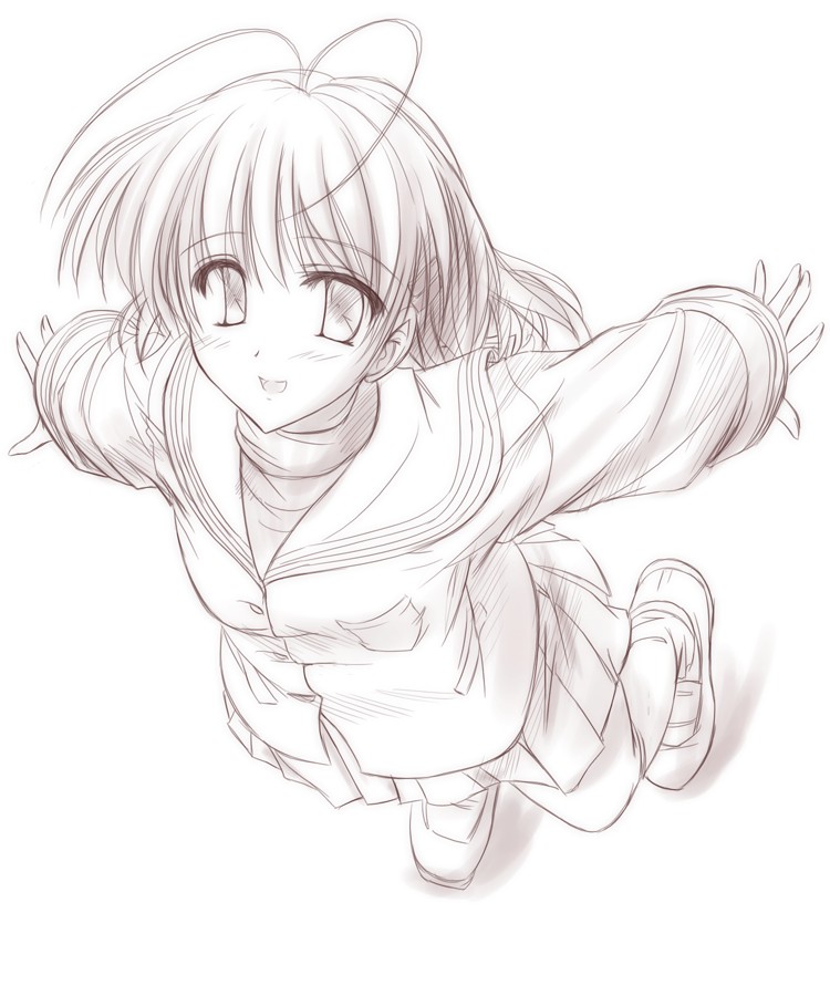 tenmaso, furukawa nagisa, clannad, 00s, antenna hair, greyscale, monochrome, school uniform, serafuku, sketch, solo