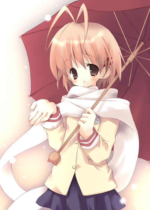 furukawa nagisa, clannad, 00s, 1girl, antenna hair, female focus, scarf, school uniform, serafuku, solo, umbrella, white scarf