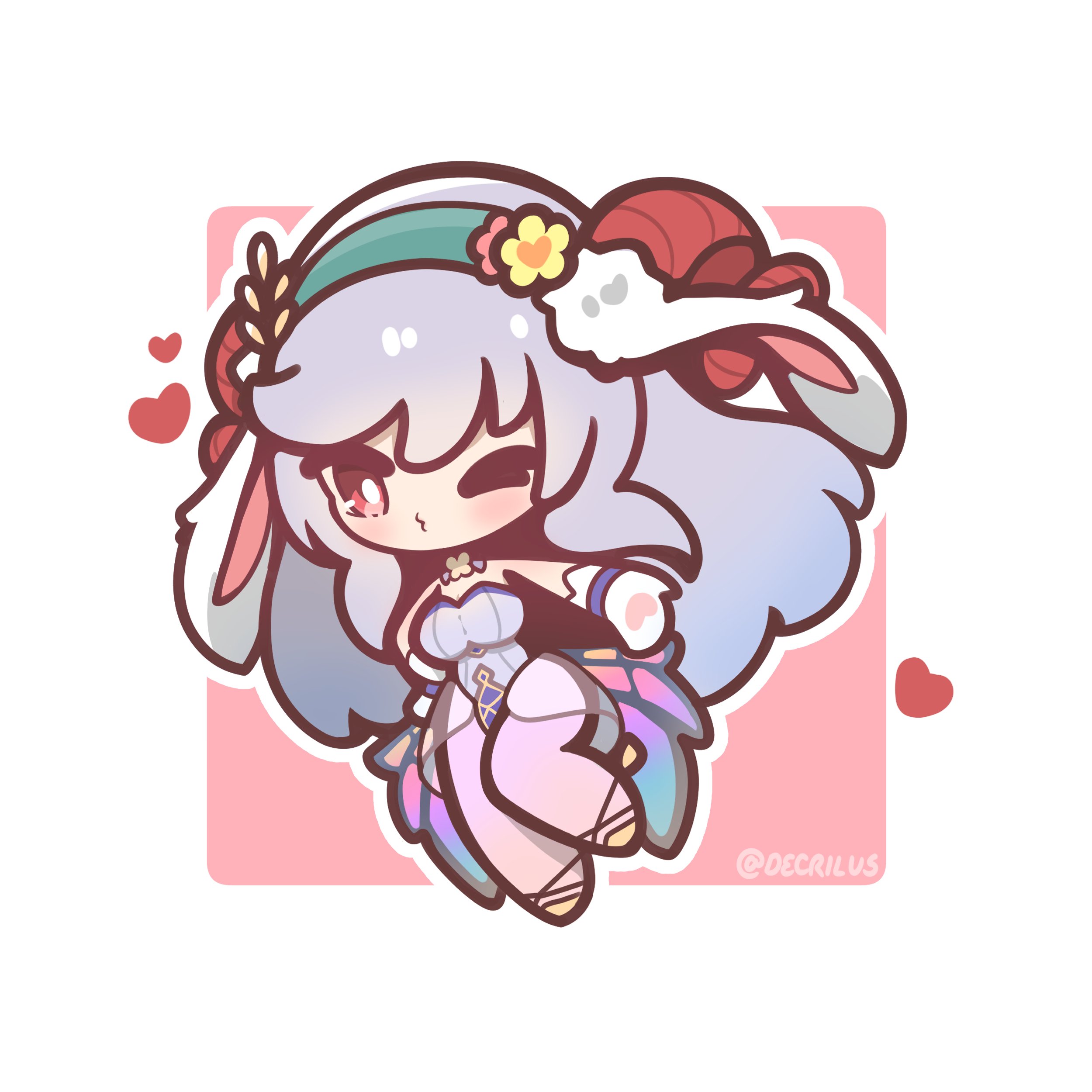 decrilus, freyja (fire emblem), freyja (spring) (fire emblem), absurdres, highres, 1girl, animal ears, blowing kiss, chibi, curled horns, goat horns, grey hair, heart, horns, leotard, long hair, looking at viewer, multicolored hair, one eye closed, playboy bunny, rabbit ears, red eyes, red horns, simple background, two-tone hair