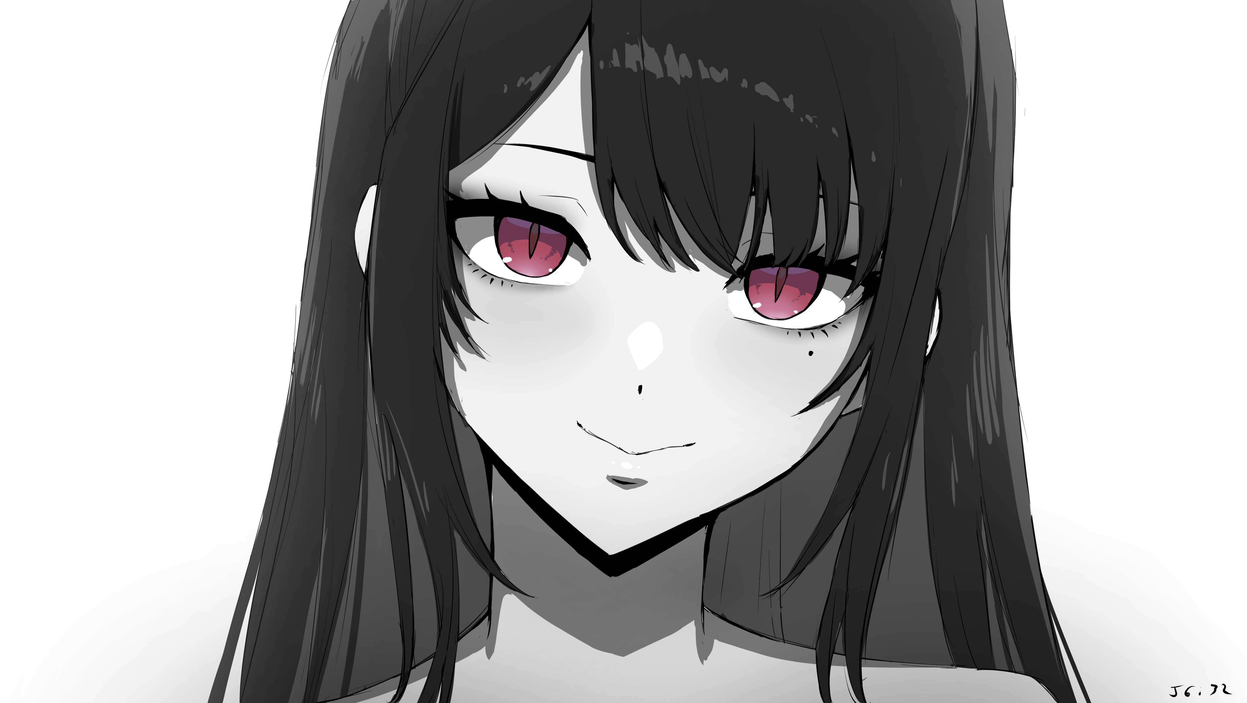 daydarion, nerissa ravencroft, hololive, hololive english, absurdres, highres, 1girl, closed mouth, long hair, looking at viewer, mole, mole under eye, red eyes, slit pupils, smile, solo, spot color, virtual youtuber