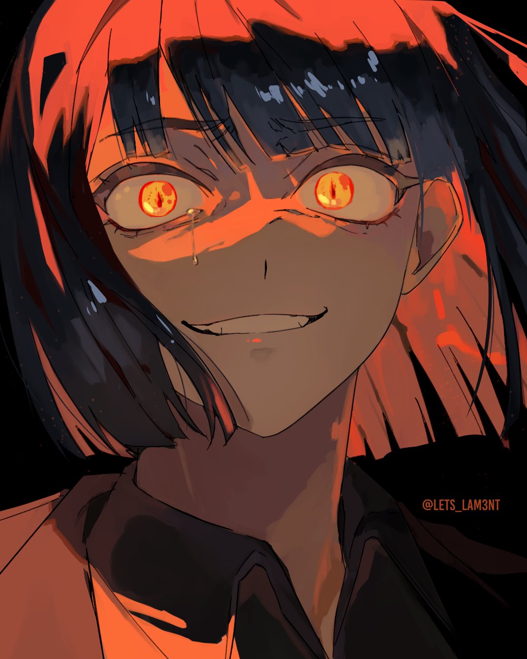 lets lam3nt, ryoshu (project moon), limbus company, project moon, highres, 1girl, artist name, black background, black hair, black shirt, bob cut, crying, crying with eyes open, looking at viewer, open mouth, portrait, red eyes, sad smile, shirt, slit pupils, smile, solo, tears, twitter username