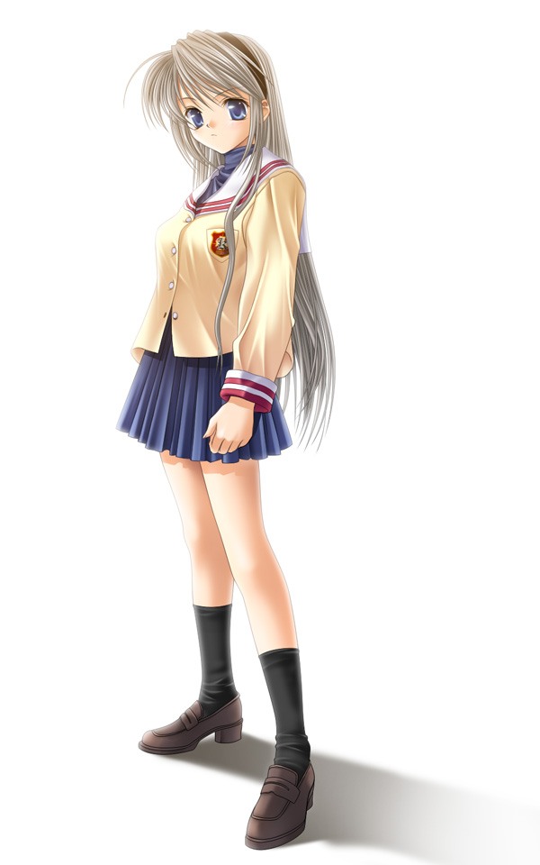 sakagami tomoyo, clannad, 00s, 1girl, arm at side, black socks, blue eyes, buttons, emblem, female focus, full body, hairband, jacket, kneehighs, legs apart, loafers, long hair, long sleeves, pleated skirt, school uniform, serafuku, shadow, shoes, simple background, skirt, socks, solo, standing, turtleneck, unbuttoned, very long hair, white background