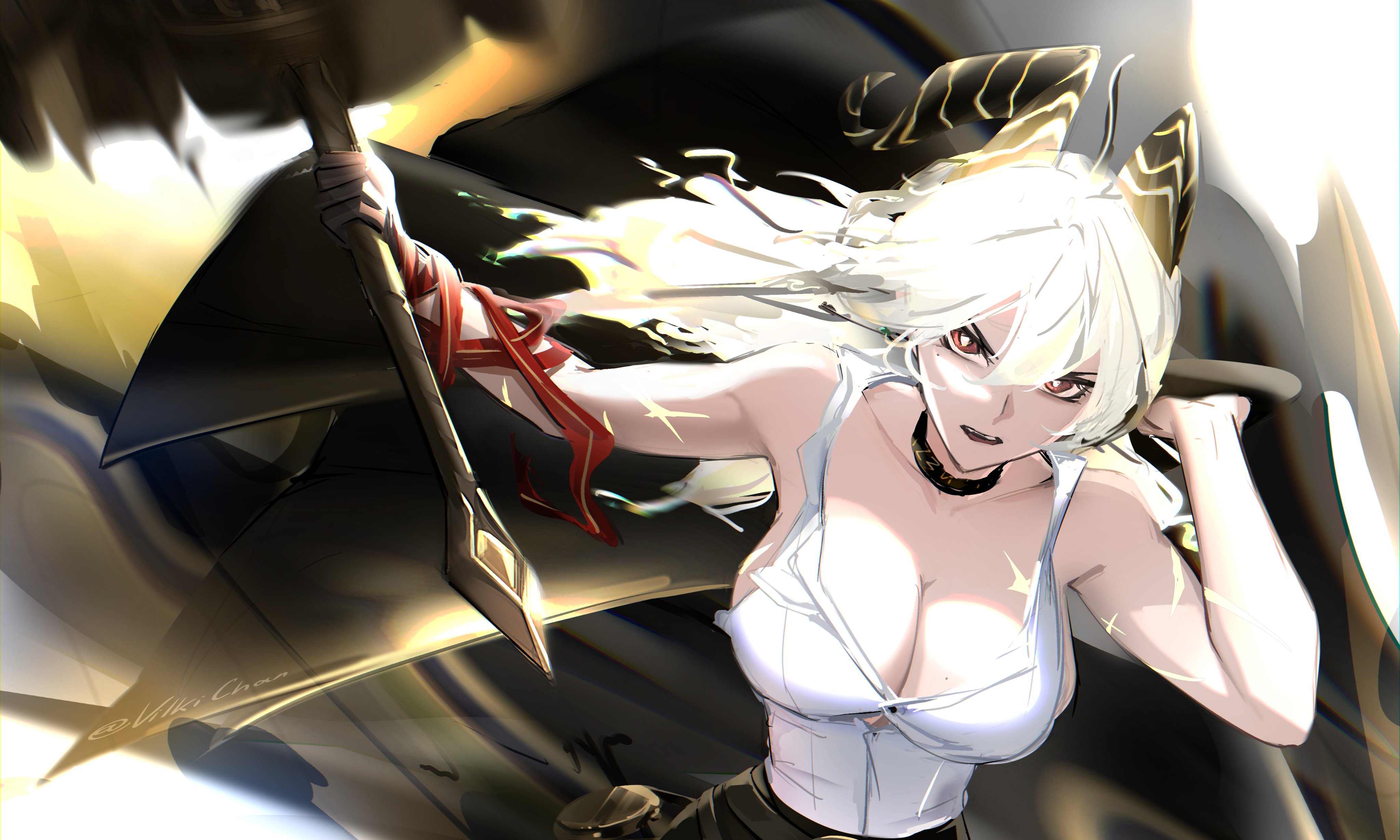 vilkichan, zani (wuthering waves), wuthering waves, absurdres, commentary, highres, 1girl, bare shoulders, black choker, black gloves, black horns, blonde hair, breasts, choker, cleavage, collarbone, curled horns, earrings, gloves, holding, holding sword, holding weapon, horns, jewelry, key earrings, large breasts, long hair, looking at viewer, mole, mole on breast, mole under eye, necktie, necktie around wrists, open mouth, red eyes, red necktie, shirt, solo, sword, torn clothes, torn shirt, v-shaped eyebrows, weapon, white shirt